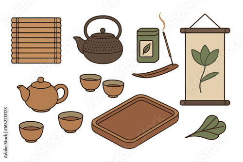 Traditional tea ceremony setup featuring teapot, cups, and accessories in a calm environment