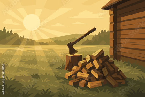 Logging tools beside a woodpile at sunset in a peaceful forest clearing