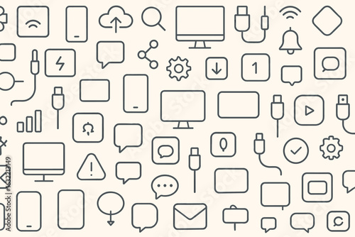 Various digital icons representing technology and communication concepts on a light background