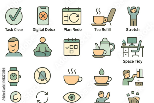 Wellness icons representing self-care activities for mental health improvement and productivity enhancement