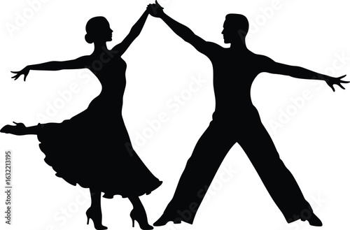 Elegant silhouette of ballroom dancers holding hands, graceful pose, Latin dance rhythm, stylish heels and pants, captivating motion, romantic energy
