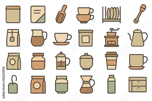 Collection of coffee and tea related items arranged on a light background showcasing brewing essentials