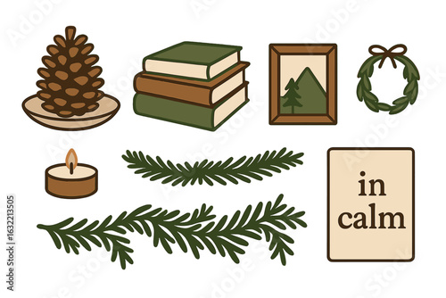 Cozy winter themed elements featuring pinecone, books, candle, and wreath for relaxation and calm at home