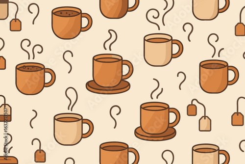 Various coffee cups and tea mugs in a warm, cozy pattern on a light background evoke a sense of comfort and relaxation in a cafe setting