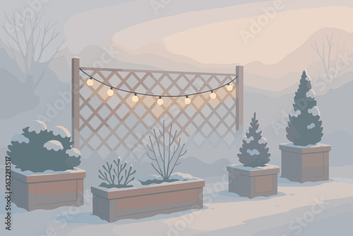 Winter garden with string lights and snow-covered plants in a misty landscape at dusk