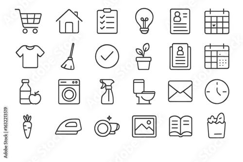 Collection of minimalistic icons representing everyday tasks and items for organization at home and work