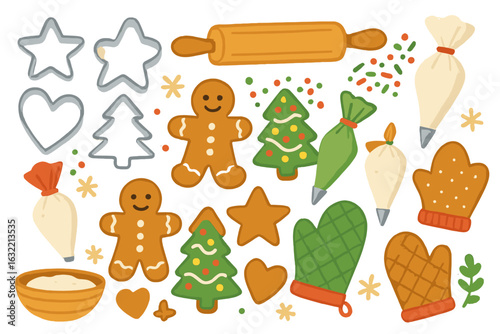 Gingerbread cookie decorations with baking tools during holiday preparations in a bright kitchen