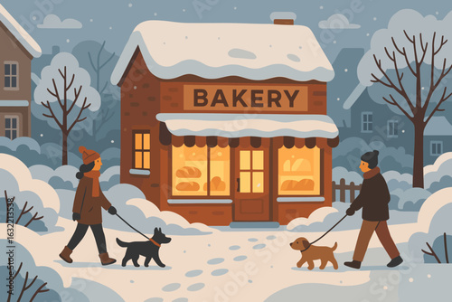 Winter stroll past a bakery with dogs in a snowy neighborhood on a cold day