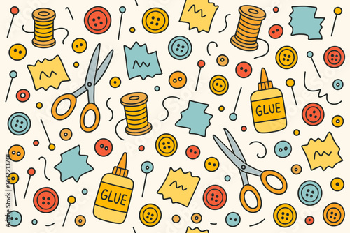 Crafting tools and materials scattered across a colorful backdrop with sewing elements and supplies