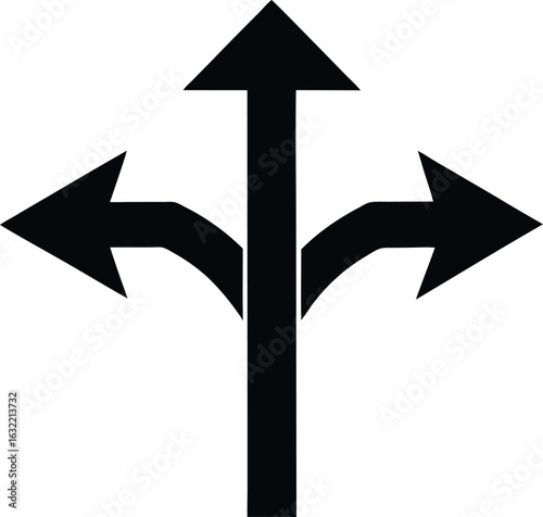 Three-Way Arrow Showing Path Options – Black Vector Icon for Decision, Direction, and Route Choices