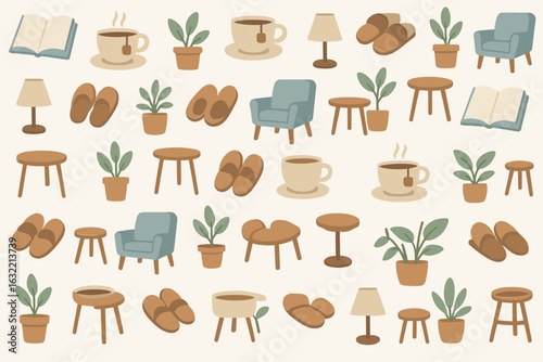 Cozy home decor with plants, coffee, and comfortable furniture for a relaxing atmosphere