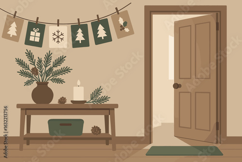 Cozy indoor space decorated for the holiday season with green and brown decor and an open door