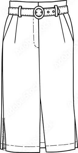 High waist skirt flat drawing, fashion vector sketch, technical apparel illustration, skirt front slit design, belt detail CAD image