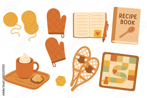 Cozy indoor activities featuring warm drinks, knitting, and board games during the winter season