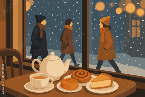 Cozy winter cafe with snowflakes falling outside while people stroll past warm treats and tea