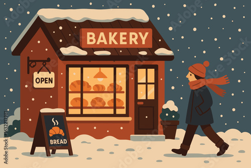 Snowy day at a cozy bakery with warm bread in a charming neighborhood