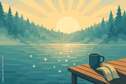 Serenity at dawn with coffee and a book by the tranquil lakeside amidst lush forests