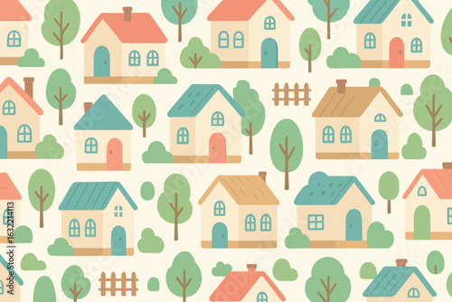 Charming illustration of colorful houses and trees in a quaint village pattern design for home decor