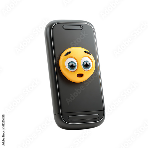 Surprised emoji face on a black smartphone screen isolated on transparent background