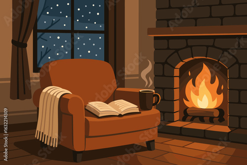 Cozy reading corner by the fireplace during a snowy winter evening
