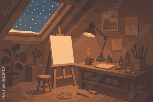 Cozy artist workspace in attic at night with starry sky view, creative atmosphere and warm lighting inviting inspiration