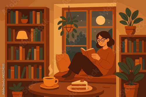 Cozy evening read with warm drink and dessert in a peaceful indoor setting