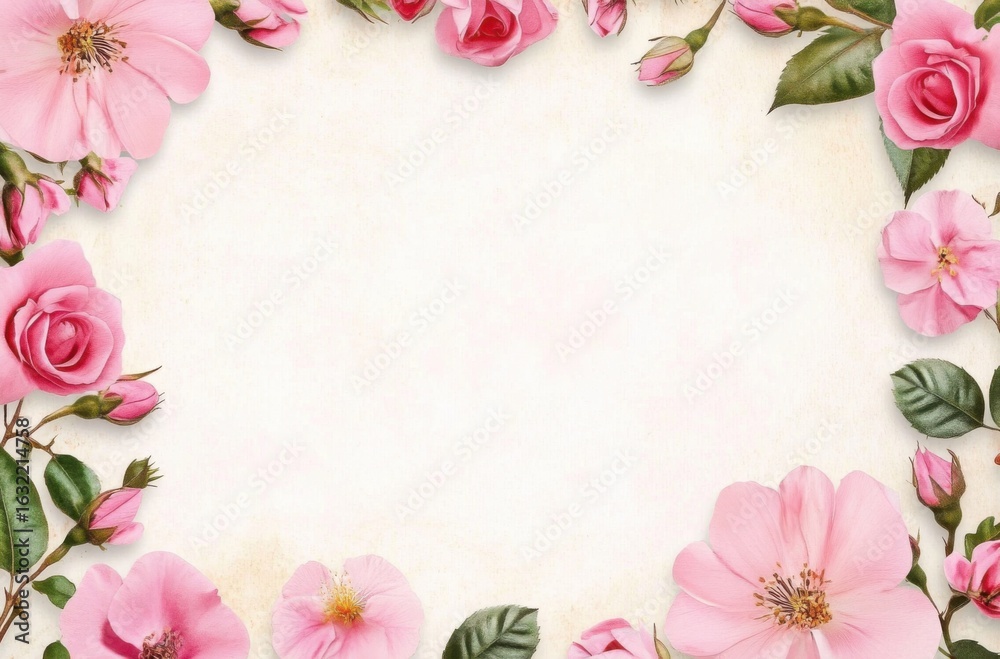 Fototapeta premium Greeting card with pink flowers frame- an empty space for texts