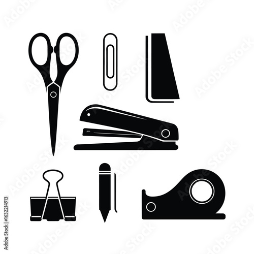 Collection of black office supplies and stationery icons