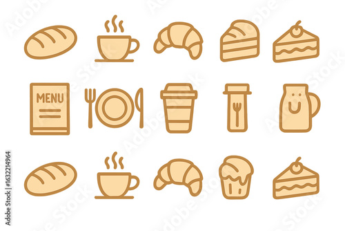 Bakery symbols and icons representing popular food and drink items in a warm color palette and simple design