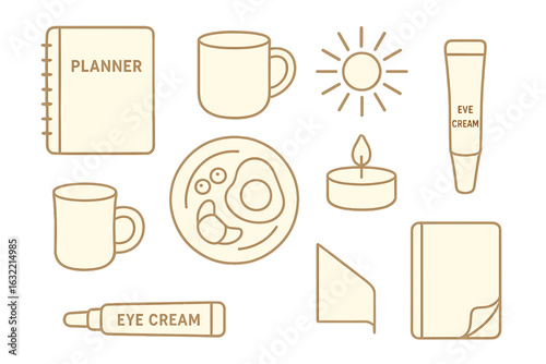 Items for a cozy self-care routine featuring planner, mugs, candles, and skin products at home
