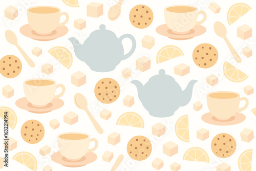 Charming tea time pattern featuring cups, teapots, cookies, and lemon slices in a delightful arrangement