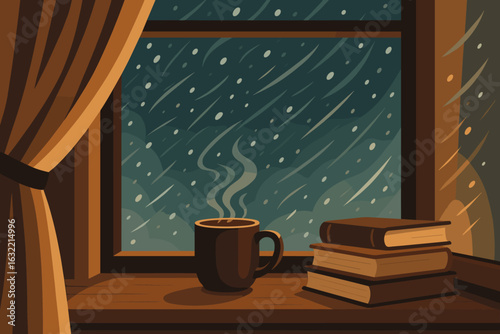 Cozy indoor atmosphere with warm coffee and books by the window during a rainy evening