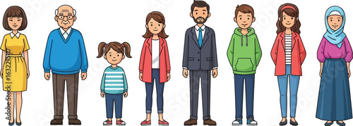 Cartoon style illustration of a diverse family group standing in a row on a white background