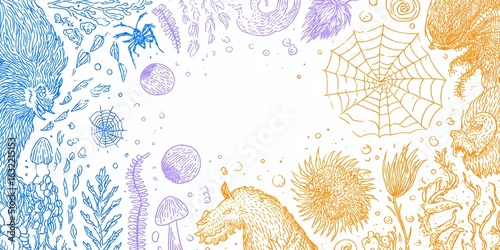 Illustrated border composed of animals and plants in blue purple and orange featuring a white central space