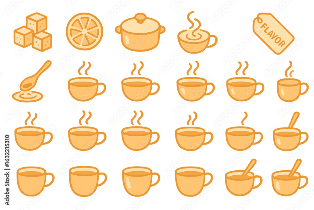 Obraz premium Various steaming cups of tea and unique ingredients on a clean, bright background showcase a cozy tea preparation atmosphere