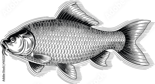 Hand-drawn vector illustration of a freshwater carp fish, isolated on a white background