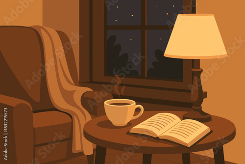 Cozy evening with a warm drink and a book by the window in a softly lit room
