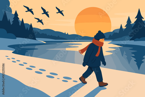 Person walks along snowy riverbank at sunset with migrating birds flying overhead