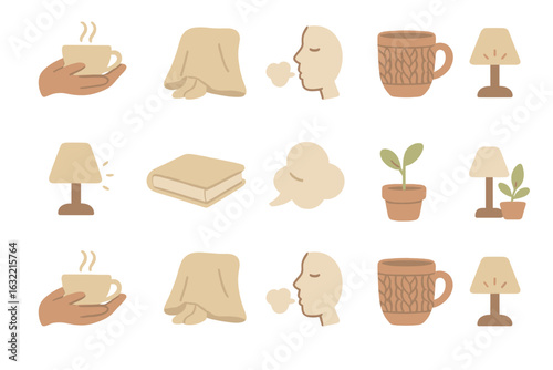 Cozy home elements with warm beverages, plants, and relaxing ambiance in a minimalist design