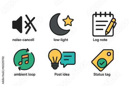 Graphic icons representing various functions for minimizing distractions and logging ideas during night activities