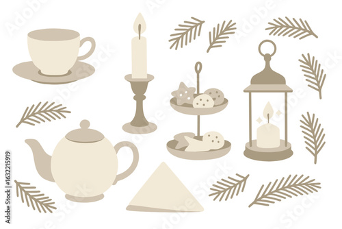 Cozy tea time setting with teapot, cookies, and candle on a winter afternoon