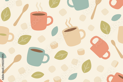 Colorful design featuring various coffee cups and leaves on a light background, perfect for cafe decor