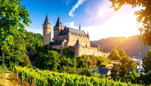 Wallpaper Mural Magnificent medieval castle surrounded by lush greenery and a vineyard Torontodigital.ca