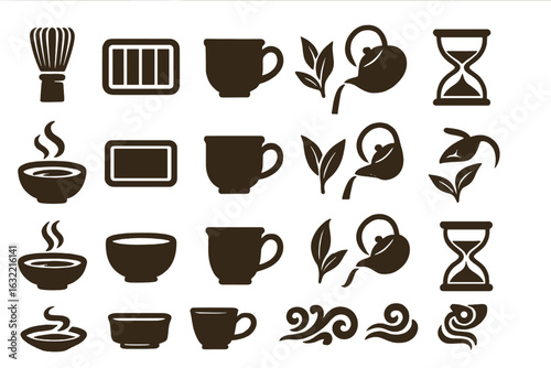 Various icons and symbols representing tea and coffee preparation and enjoyment