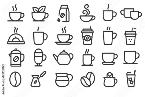 Various illustrations of coffee drinks and brewing tools in a minimalistic style