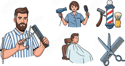 Illustrated barber shop elements including barber pole tools stylists and customer in chair