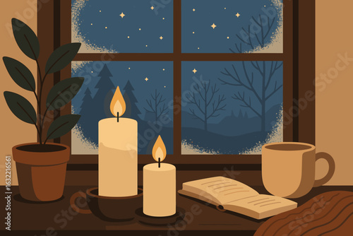 Cozy evening at home with candles, a book, and a warm drink while watching the night sky