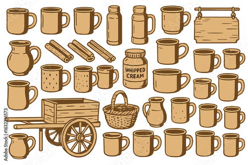 Collection of rustic kitchen items featuring mugs, jars, and a cart for a cozy beverage setup