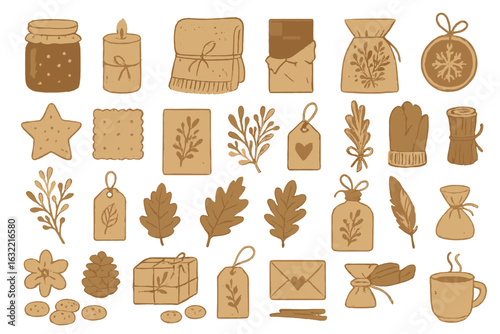 Creative arrangement of warm-toned illustrations featuring seasonal elements and gifts during autumn