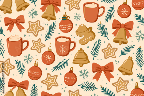 Festive holiday patterns with mugs, ornaments, and Christmas decorations creating a warm seasonal vibe